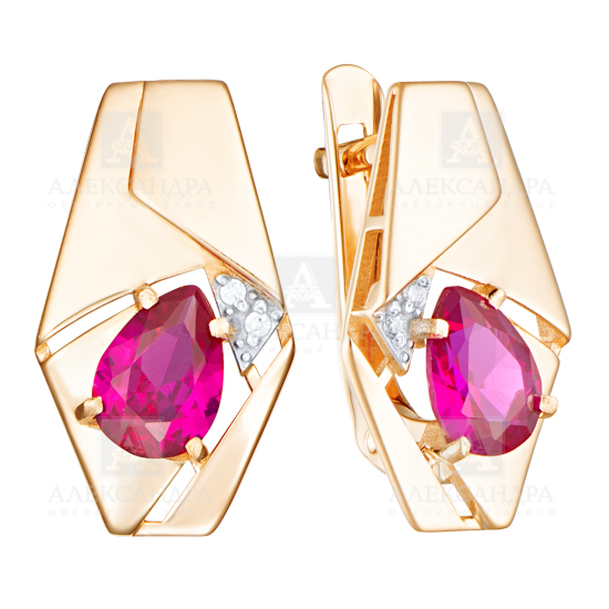 Ювелирное изделие - Серьги из красного золота с рубином синт.и фианитами в магазине Best-Gold 132028