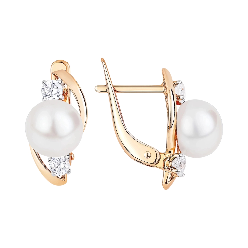Ювелирное изделие - Серьги из красного золота с жемчугом и фианитами в магазине Best-Gold 132555