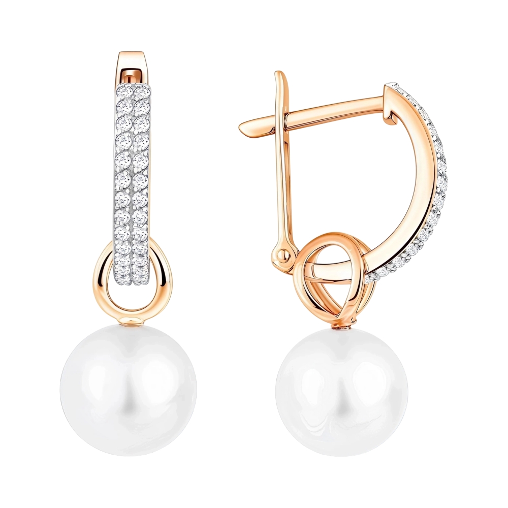 Ювелирное изделие - Серьги из красного золота с жемчугом и фианитами в магазине Best-Gold 152949